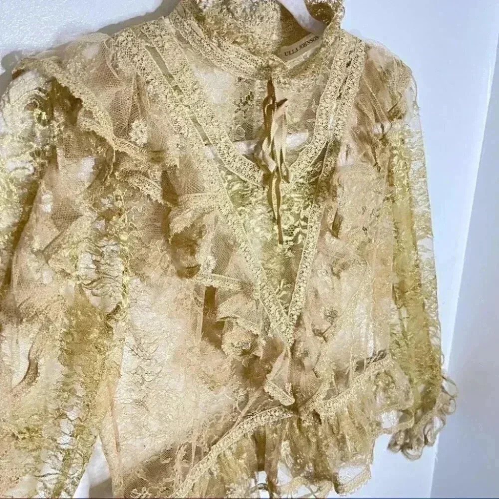 NWT Ulla Johnson Yves Metallic Gold Floral Lace Blouse - Picture 9 of 12